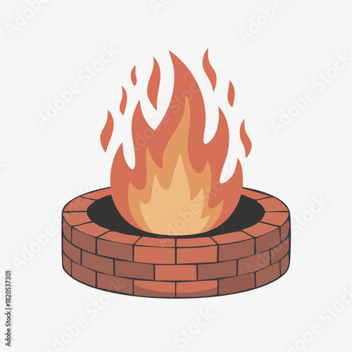 Illustration of a brick fire pit with a vibrant orange and red fire burning brightly, set against a plain background.