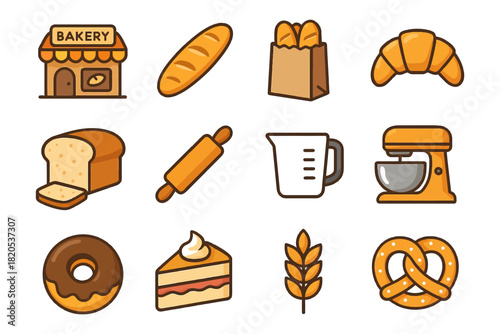 Bakery bread products icon set in a simple cartoon vector style