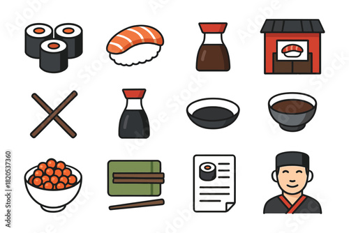 Restaurant food icon set with burgers sushi desserts and drinks