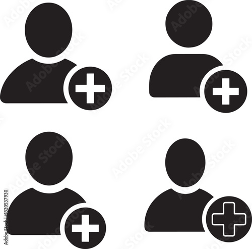 Four user icons with plus sign silhouette