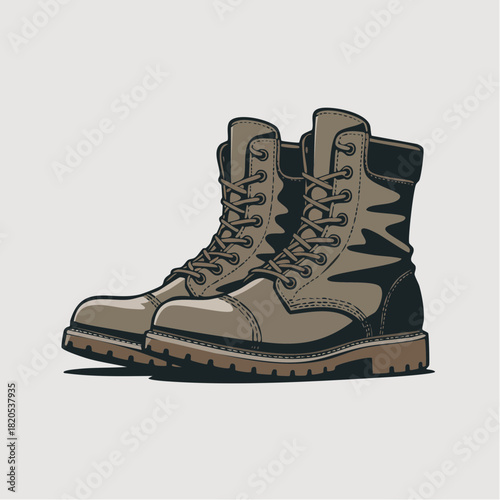 A pair of sturdy brown and black lace-up work boots with thick soles, depicted in a clean, illustrative style.