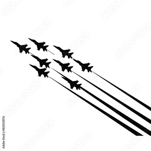Silhouette of seven fighter jets flying in formation leaving smoke trails, isolated on vector illustration
