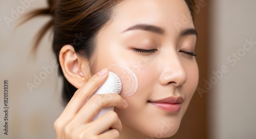 Young Asian woman enjoying a serene skincare routine, using an electric facial cleansing brush with foam for a deep clean and radiant glow