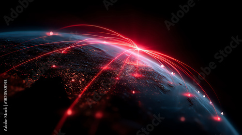 Glowing red lines connect various points on a dark Earth viewed from space, symbolizing global digital communication and data exchange networks at night