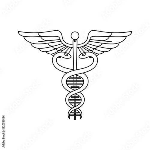 Black and white line art drawing of a caduceus symbol with a dna double helix replacing the staff, vector illustration