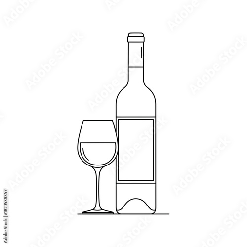 Outline drawing of a wine bottle and a glass with wine, vector illustration