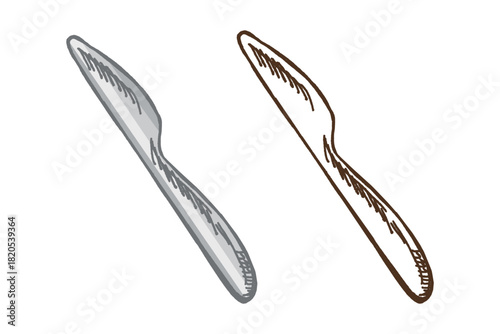 Hand drawn vintage sketch of kitchen knife in color and monochrome, isolated vector cutlery utensil illustration