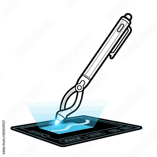 Stylus pen drawing a glowing line on a digital tablet surface, vector illustration