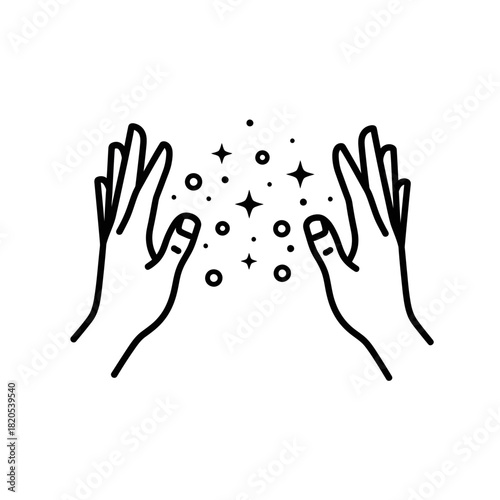 Two hands gesturing magic spell with sparkling stars and circles between them, vector illustration