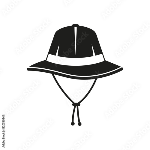 Black and white icon of a wide brim sun hat with chin strap, vector illustration
