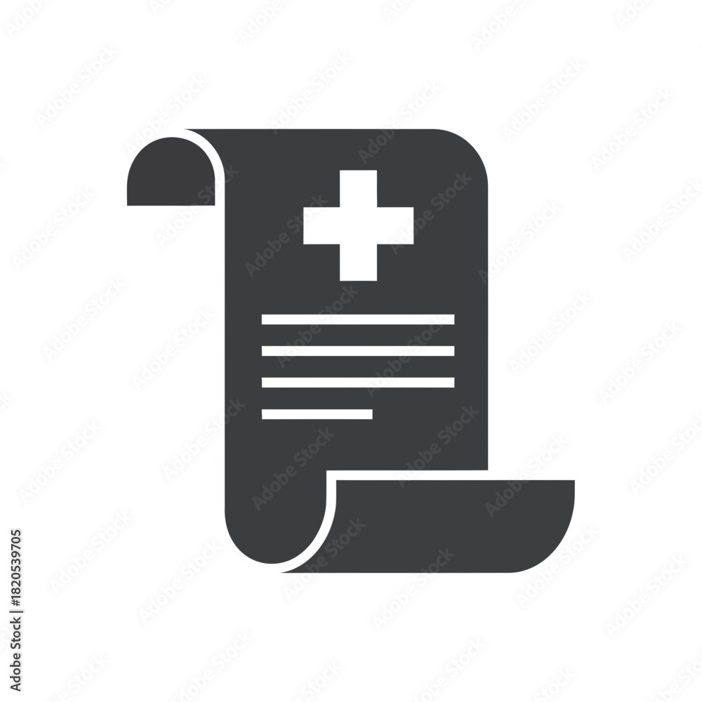 Fototapeta premium Simple dark silhouette icon representing a medical document or prescription with a white cross symbol on vector illustration
