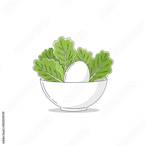 Simple illustration of a white egg nestled among fresh green lettuce leaves in a white bowl, vector illustration