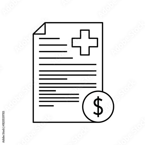 Outline icon of a medical bill or health insurance document with a cross symbol and a dollar sign for healthcare cost concept vector illustration