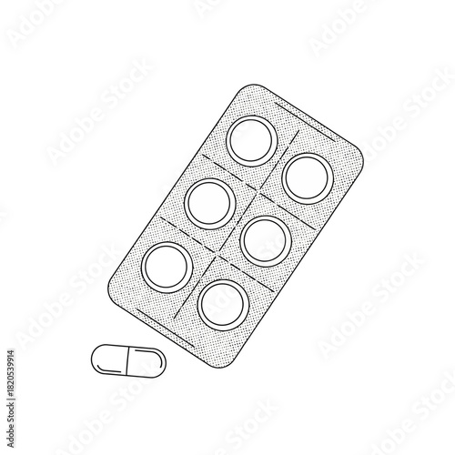 Simple line drawing illustration of a blister pack of six pills with one capsule lying next to it, vector illustration