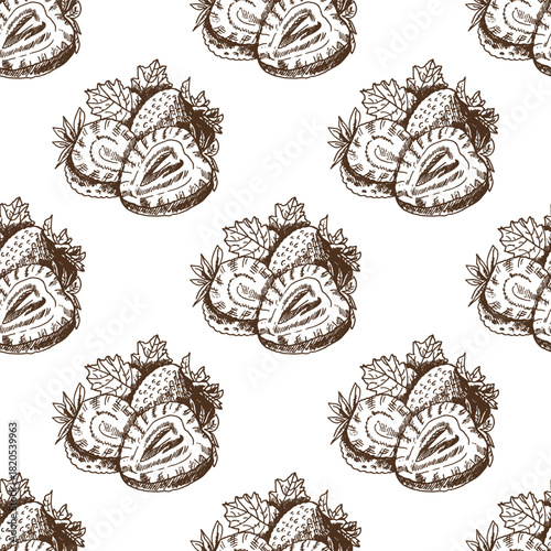 Hand drawn vintage seamless pattern of strawberries with leaves in monochrome outline, isolated vector fruit food background