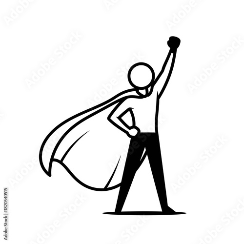 Simple black and white line art icon of a superhero figure with a flowing cape standing in a triumphant pose vector illustration