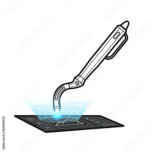 Outline drawing of a futuristic stylus or pen creating a holographic projection on a digital pad, vector illustration
