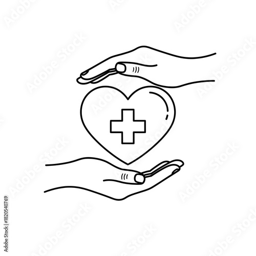 Line art icon of two hands gently cupping and protecting a heart symbol with a medical cross inside, vector illustration