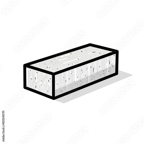 Simple black and white line art drawing of a rectangular wooden brick or block object shown in perspective vector illustration