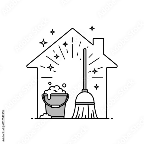 Line art icon representing house cleaning service with a soapy bucket and a broom inside a house outline, vector illustration