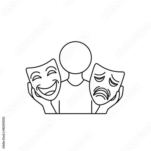 Person holding comedy and tragedy masks representing duality of emotion, mood, and acting vector illustration