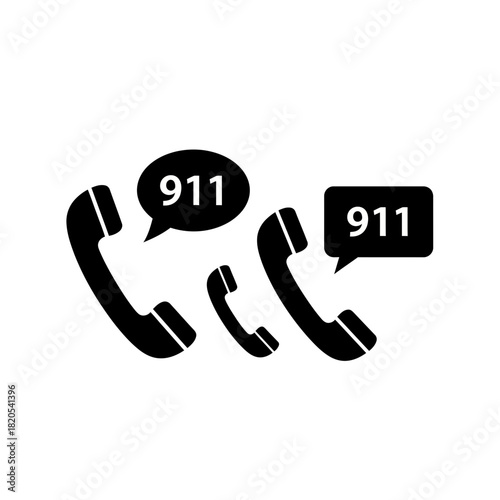 Black silhouette icon of three telephone receivers with speech bubbles indicating emergency number 911, vector illustration