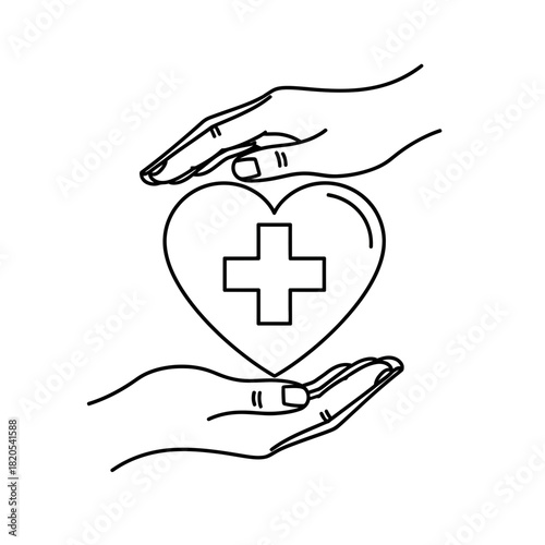 Outline drawing of two hands gently holding and protecting a heart symbol with a medical cross inside, vector illustration