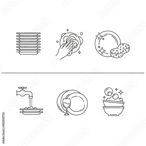 Set of six line icons illustrating the process of washing dishes, vector illustration