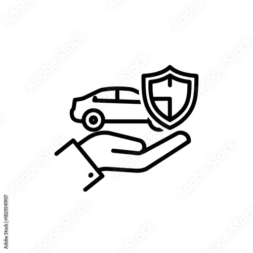 Line icon representing car insurance protection held in hand, vector illustration