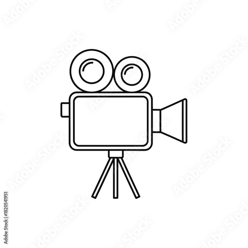 Simple black and white line art icon of a vintage movie film camera mounted on a tripod, vector illustration