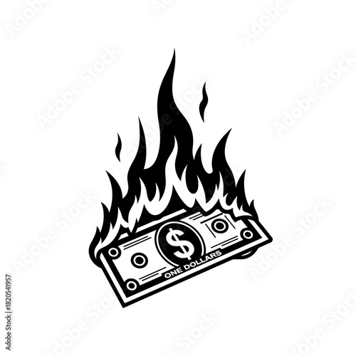 Black and white graphic illustration of a one dollar bill burning with flames, vector illustration