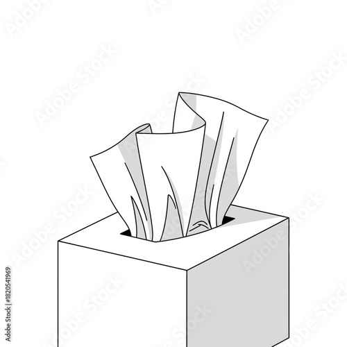 Black and white line drawing illustration of a facial tissue box with a tissue partially pulled out, vector illustration