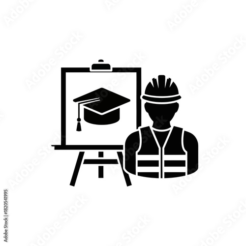 Construction worker silhouette standing next to an easel displaying a graduation cap icon, symbolizing safety training or education vector illustration