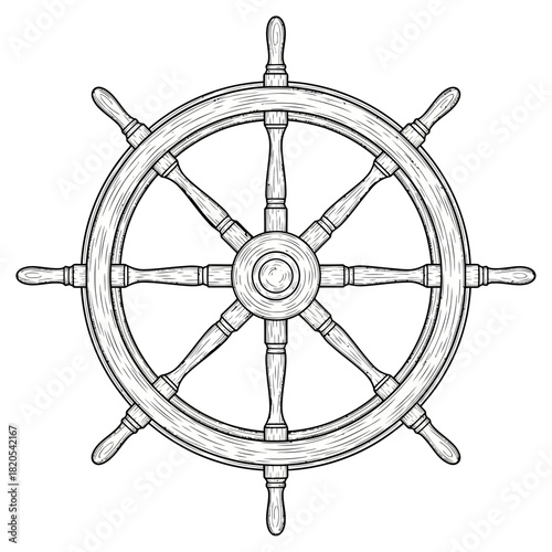 Black and white drawing of a wooden ship steering wheel vector illustration