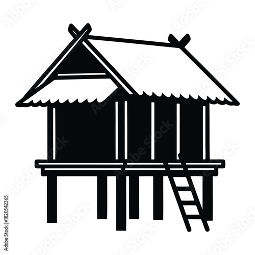 Traditional stilt house with ladder and thatched roof isolated on