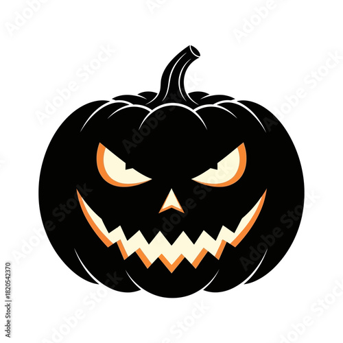 Black scary jack o lantern pumpkin with glowing eyes and jagged teeth vector illustration