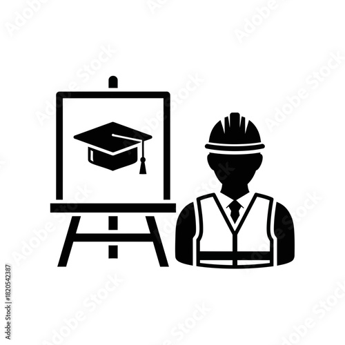 Black and white icon representing construction worker education or safety training presentation on an easel vector illustration