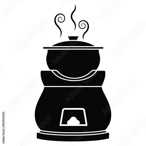 Traditional cooking pot steaming on a stove, black silhouette, isolated on