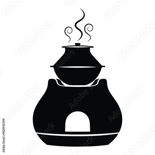 Steaming traditional cooking pot on a rounded stove, black silhouette, isolated on
