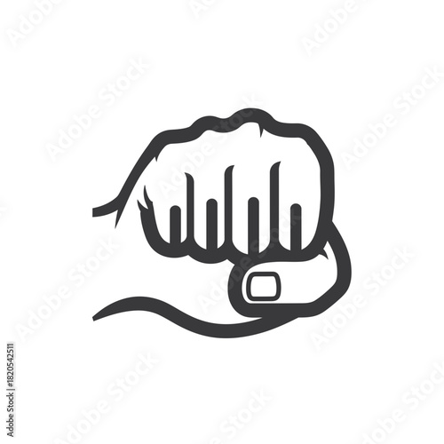 Stylized black and white line art icon of a closed fist punching forward, vector illustration