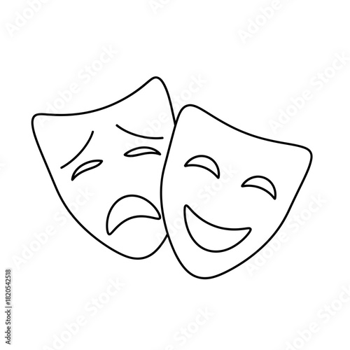 Outline drawing of comedy and tragedy theater masks representing drama and acting, vector illustration