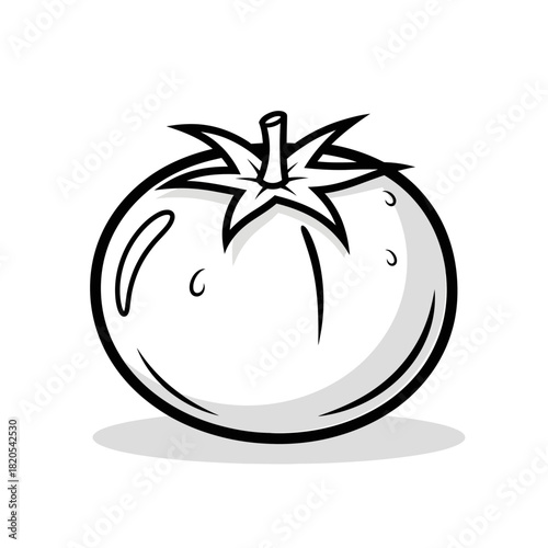 Black and white line art illustration of a fresh tomato with stem and leaves, vector illustration