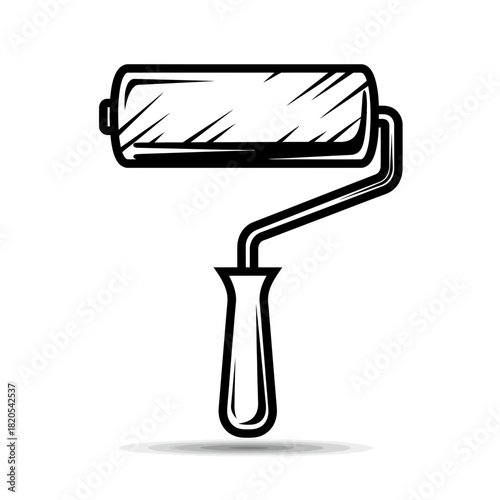 Black and white line art icon of a paint roller tool for home renovation and decoration vector illustration