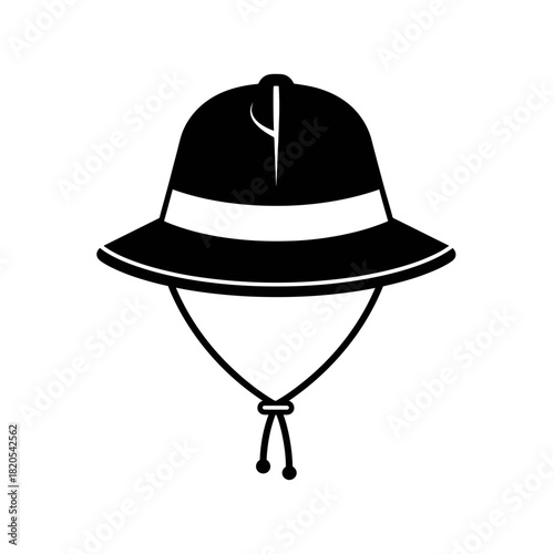 Black and white icon of a safari or sun hat with a chin strap, vector illustration