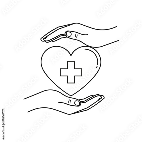Line art icon of two hands protecting a heart shape with a medical cross inside, vector illustration