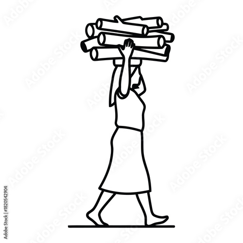 Woman balancing a large stack of firewood logs on her head, line art