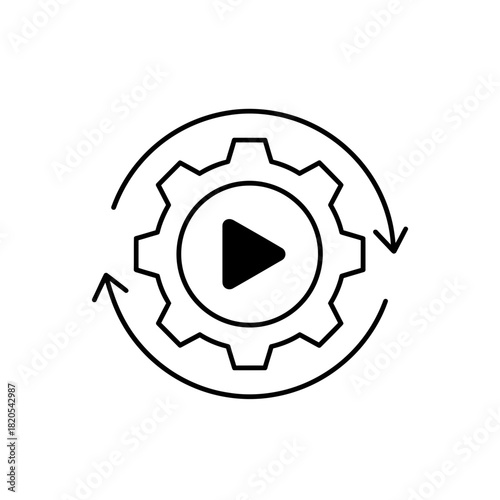 Black line art icon of a gear mechanism with a play button inside, surrounded by a circular refresh arrow, vector illustration