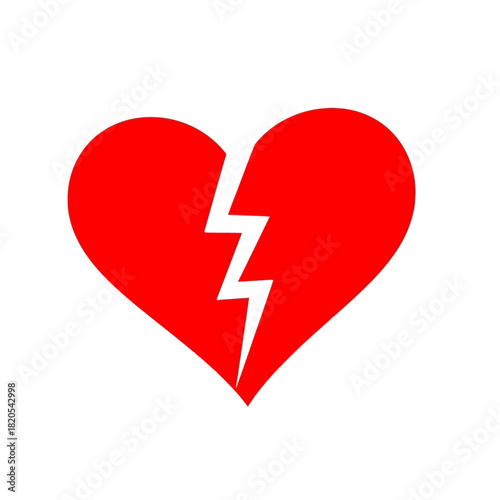 Red broken heart with a lightning bolt crack symbolizing heartbreak, sadness, and relationship trouble, vector illustration
