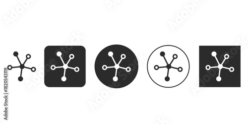 Network connection hub icon set for technology interfaces | Decentralized structure symbol vector graphics in black and white | Data point communication visualization glyphs | Atomic molecular 