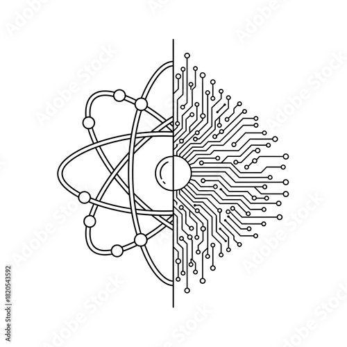 Conceptual line art illustration merging atomic structure with a digital circuit board representing science and technology fusion vector illustration